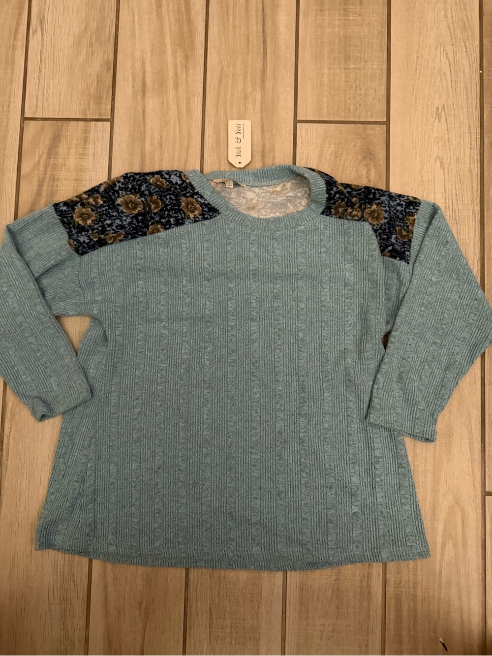 Yak N Yeti Light Teal Knit Sweater with Navy Floral Shoulder Panels Size S/M NWT